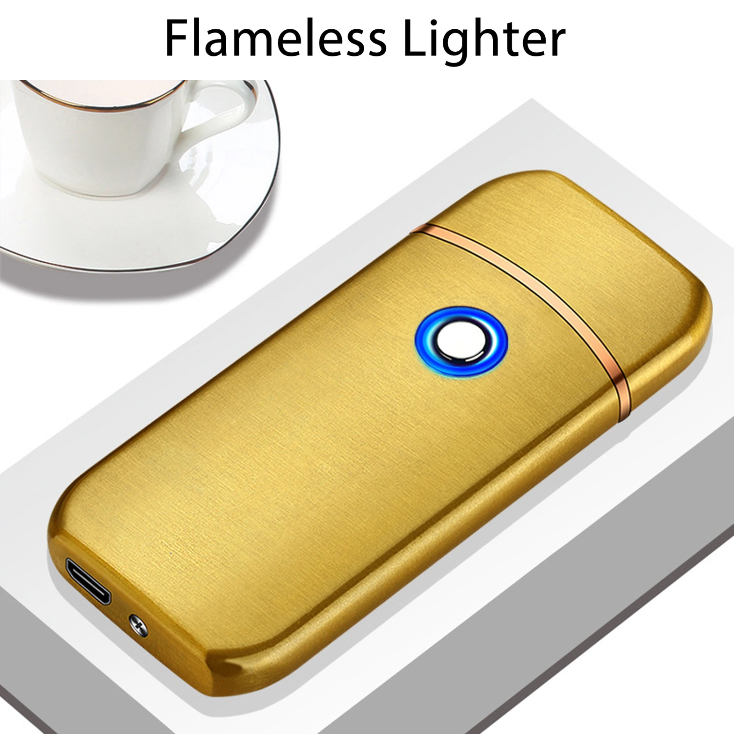 Electric Lighter Outdoor Windproof Flameless USB Dual Sided Rechargeable Key Lighter Gold