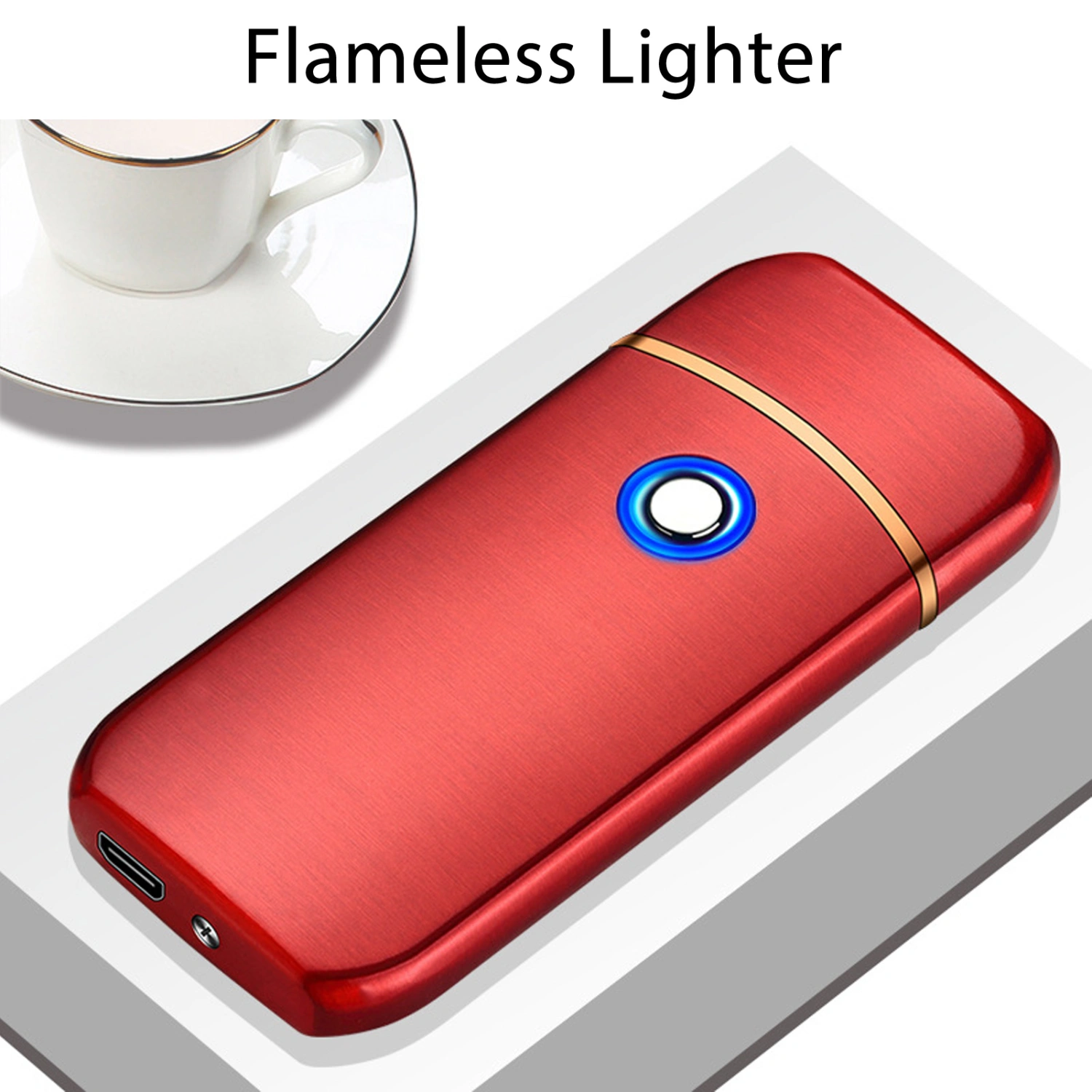 Electric Lighter Outdoor Windproof Flameless USB Dual Sided Rechargeable Key Lighter Red