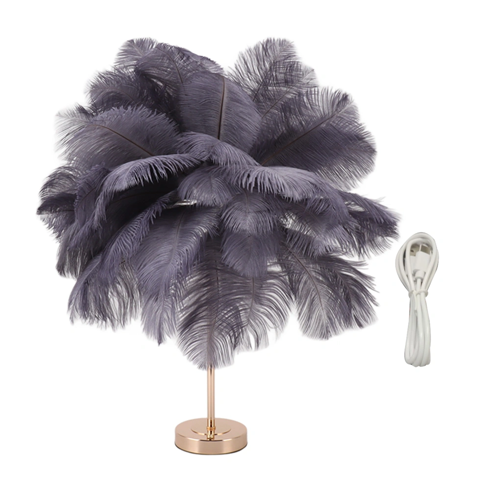 Ostrich Feather Table Lamp Rechargeable Modern Romantic Decoration Lamp Bedroom Bedside Lamp for Home Decoration Grey