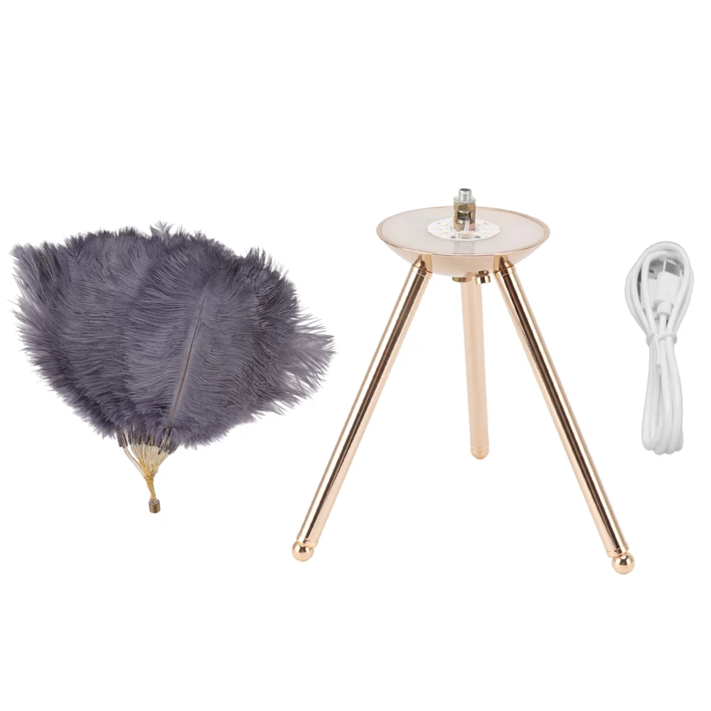 Feather Table Lamp USB Rechargeable Ostrich Feather Desk Light with Gold Tripod for Bedroom 40Pcs Artificial Feather Grey