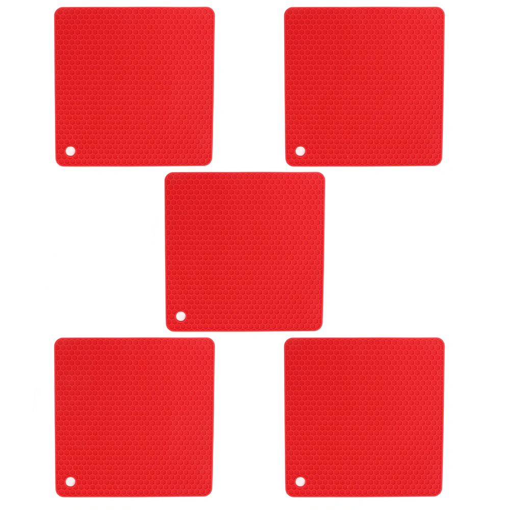 5pcs Silicone Pot Holders Mat Heat Resistant Anti Slip Square Honeycomb Trivet Mat Hot Pads for Kitchen Counter Red