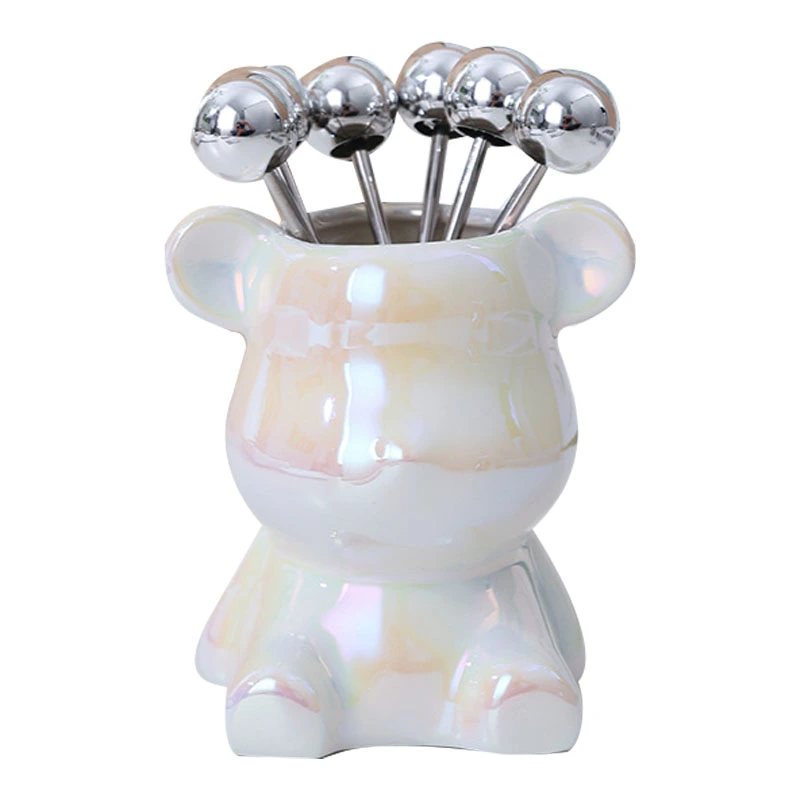 Fruit Fork Storage Jar Cute Animal Shape Ceramic Fork Holder Jar with 6 Stainless Steel Fruit Fork for Home Kitchen Bear Base Pearl White