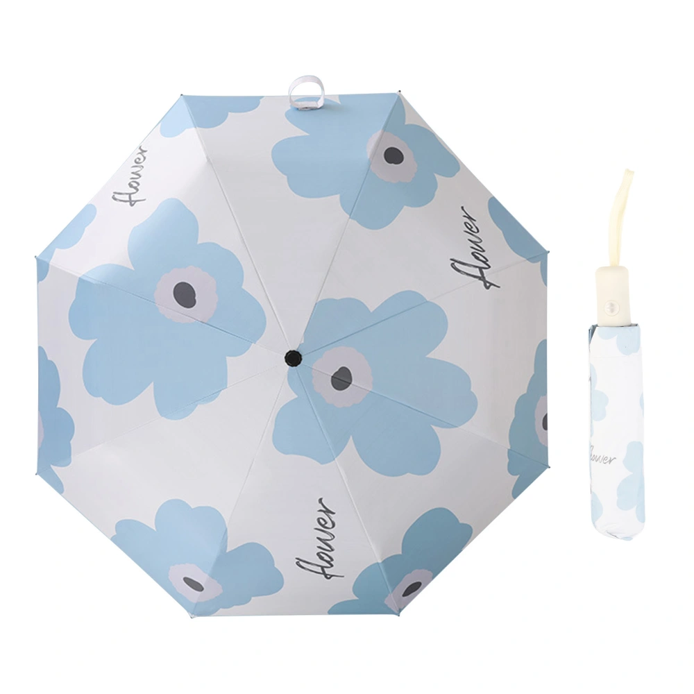 Flower Pattern Folding Umbrella UV Protection Foldable Rain Shine Dual Use Sun Umbrella for Travelling Sky Blue