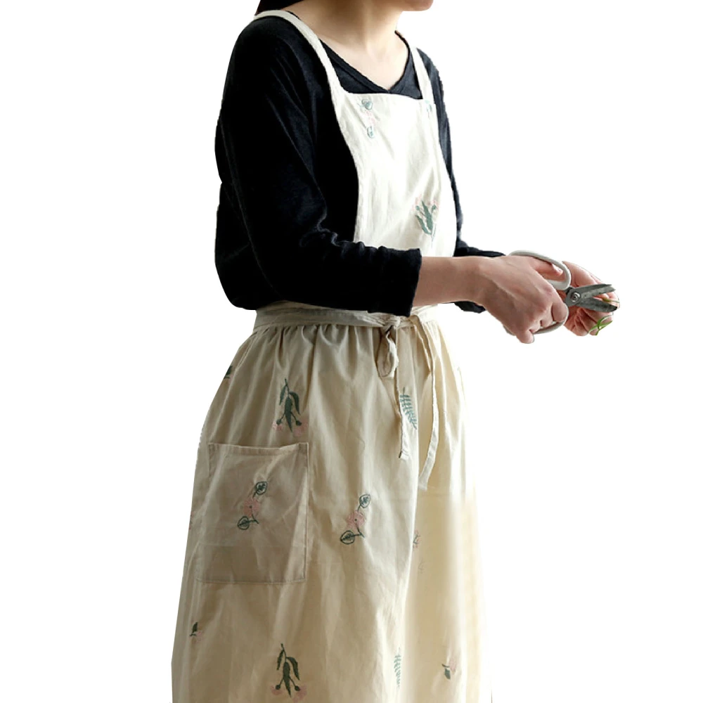 Cooking Apron Flower Embroidery Waterproof Wear Resistant Baking Apron for Coffee Shop Home Cream