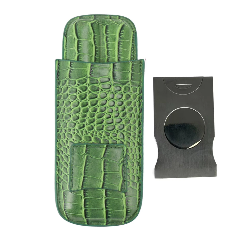 2 Finger Cigar Case Cigar Sleeve Portable Travel Cigar Holder Moisturizing Function With Cutter Green