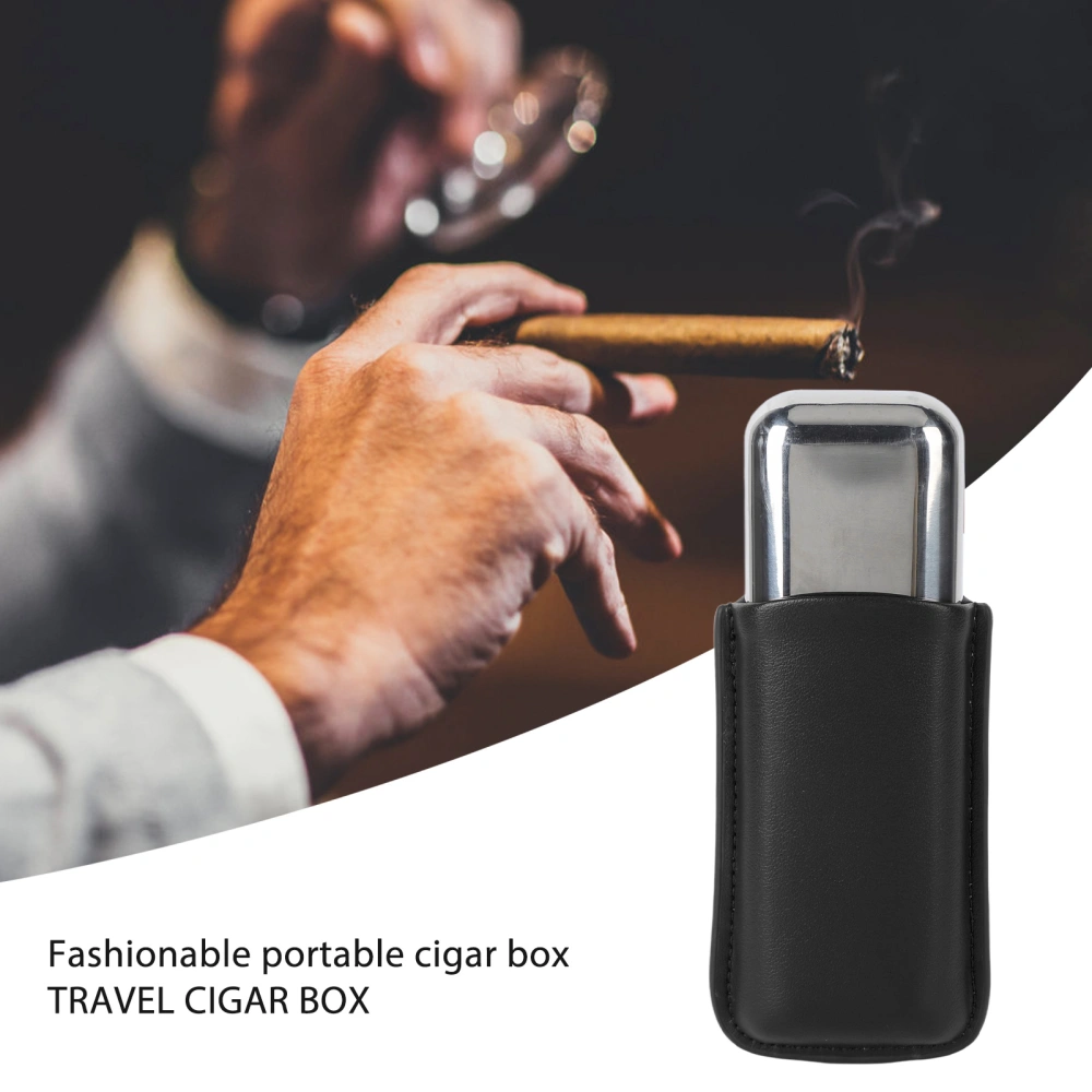 Cigar Case Holder Portable Leather 2 Holder Cigar Case with Stainless Steel Tube for Outdoor Travel Black