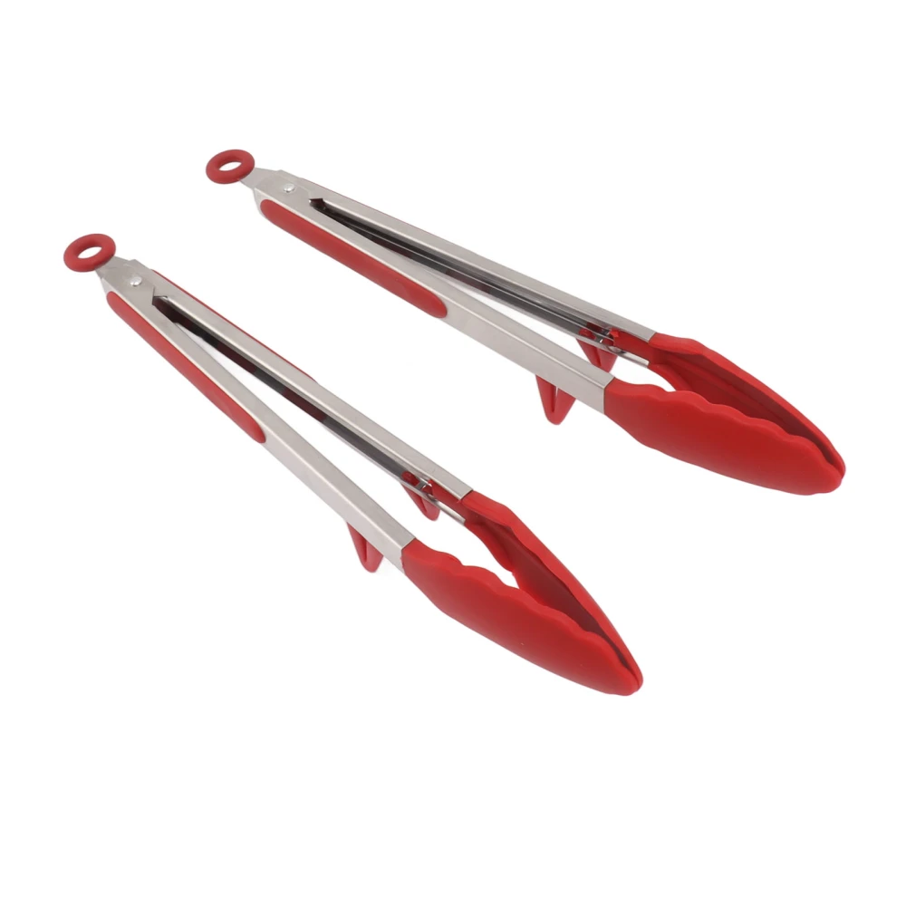 2pcs 12 Inch Kitchen Food Tongs Silicone Tip Long Stainless Steel Cooking Tong with Locking for Grilling BBQ Red