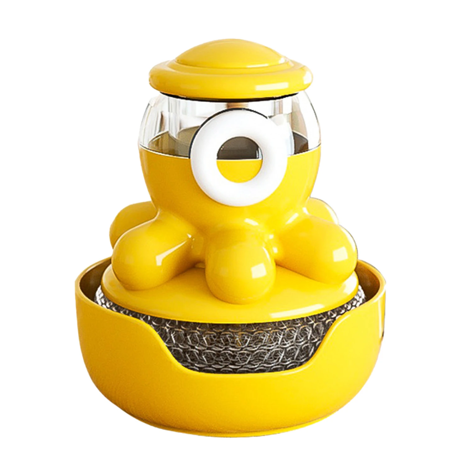 Soap Dispensing Palm Brush Plastic Cute Octopus Shape Push Type Liquid Filling Cleaning Brush for Dish Pot Pan Sink Yellow 1993