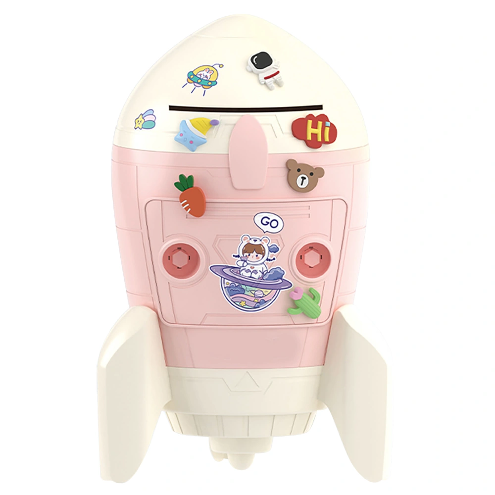 Rocket Shaped Piggy Bank Cute 2 Way Key Lock Plastic DIY Possible Space Theme Money Saving Box for Kids Pink