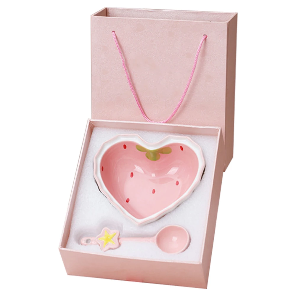 Strawberry Love Heart Bowl Pink Cute Lovely High Temperature Firing Ceramic Dessert Bowl with Spoon for Salad 1 Bowl 1 Spoon