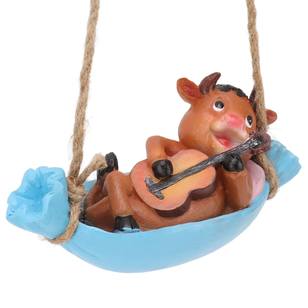 Cow Playing Guitar Garden Statue Vivid Cute Hanging Resin Cattle Sculpture Art Decoration for Lawn Patio Courtyard Brown Cow