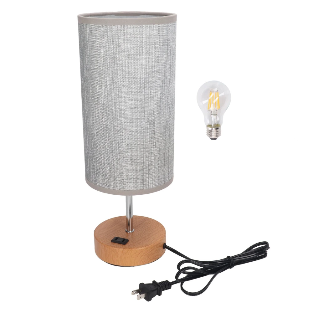 Touch Control Table Lamp Metal and Cloth USB Charging Three Gear LED Nightstand Lamp with Wood Grain Base for Bedroom Office US Plug 110V Grey