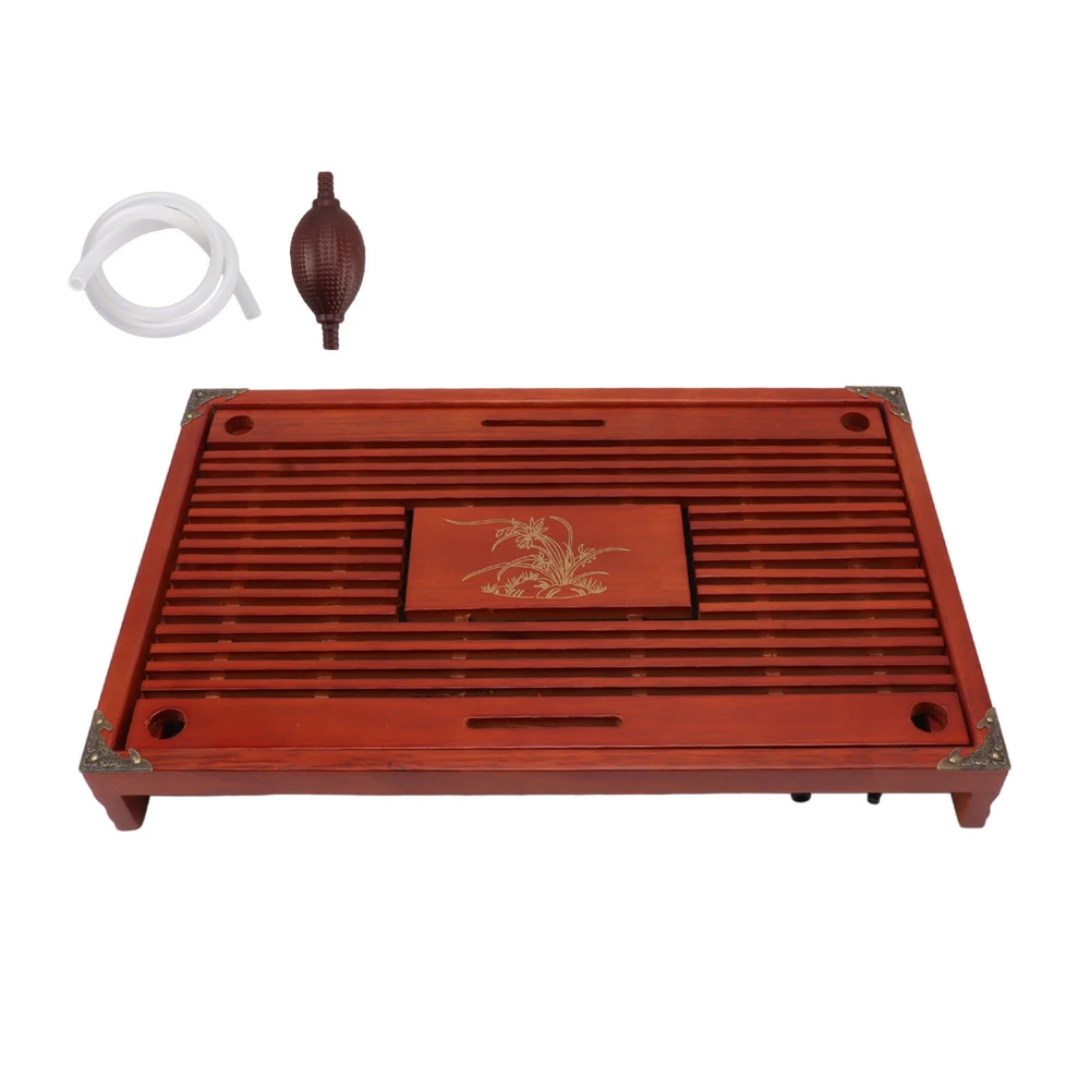 Chinese Style Kongfu Tea Tray Wooden Teaboard Drainage Water Storage Serving Tray Orchid Pattern Dark Red