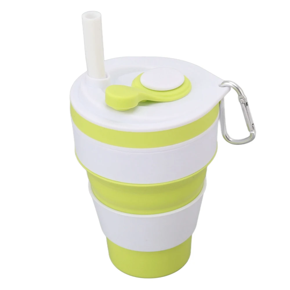 Collapsible Cup Silicone Portable Leakage Proof Retractable Cup with Straw Mountaineering Buckle for Travel Outdoor Green