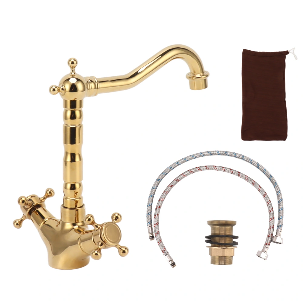 Antique Brass Bathroom Sink Faucet Cold Hot Double Cross Handle Faucet Kitchen Water Tap Gold