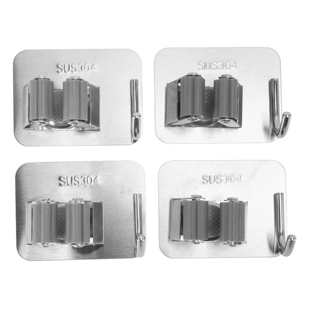 4Pcs Silver Mop Broom Holder with Hook Wall Mounted 304 Stainless Steel Mop Clip Holder