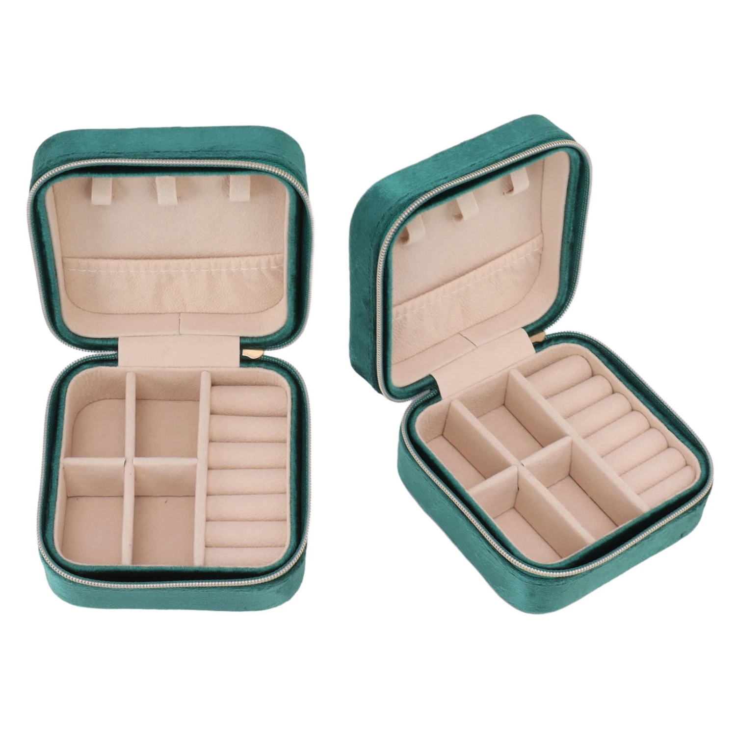 Velvet Jewelry Box Compact Small Zippered Travel Organizer Portable Storage Case for Daily Use Blackish Green