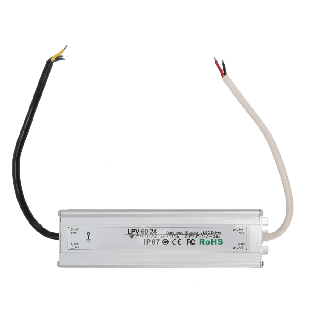 LED Driver IP67 Waterproof LED Power Supply Driver Transformer for Indoor Outdoor LED Lights LPV 24V 85‑264V 60W 2.5A