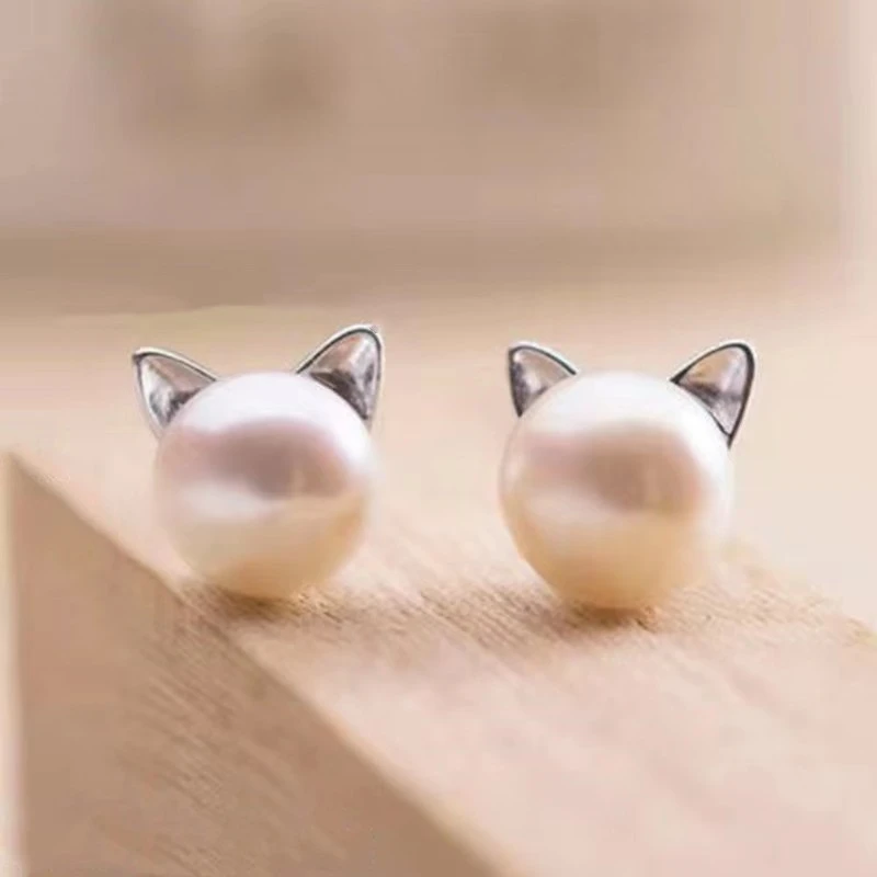 925 sterling silver cat earrings earrings white pearl earrings