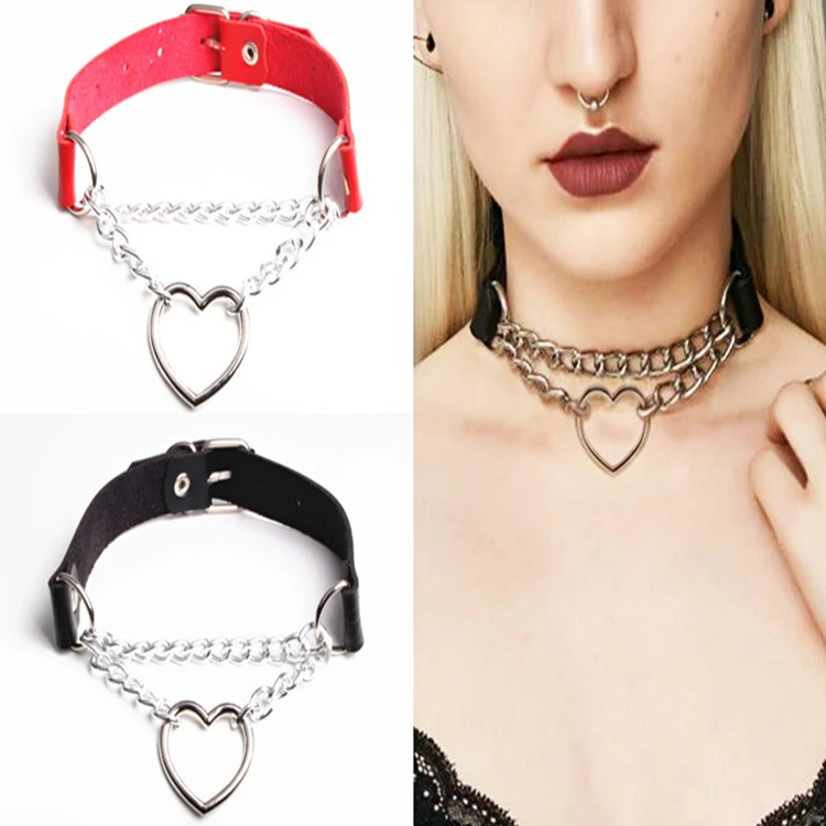 Women's Punk Gothic Choker Necklace Pu Leather Heart Rivet Collar Adjustable Soft Collar Chain