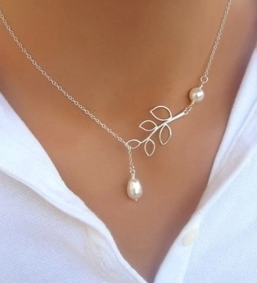 Bijoux en forme de cha ne en argent Collier avec feuille pendentif perle pour les femmes