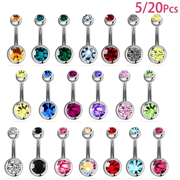 10Pcs Piercing Navel Surgical Steel Single Crystal Rhinestone Belly Button Rings