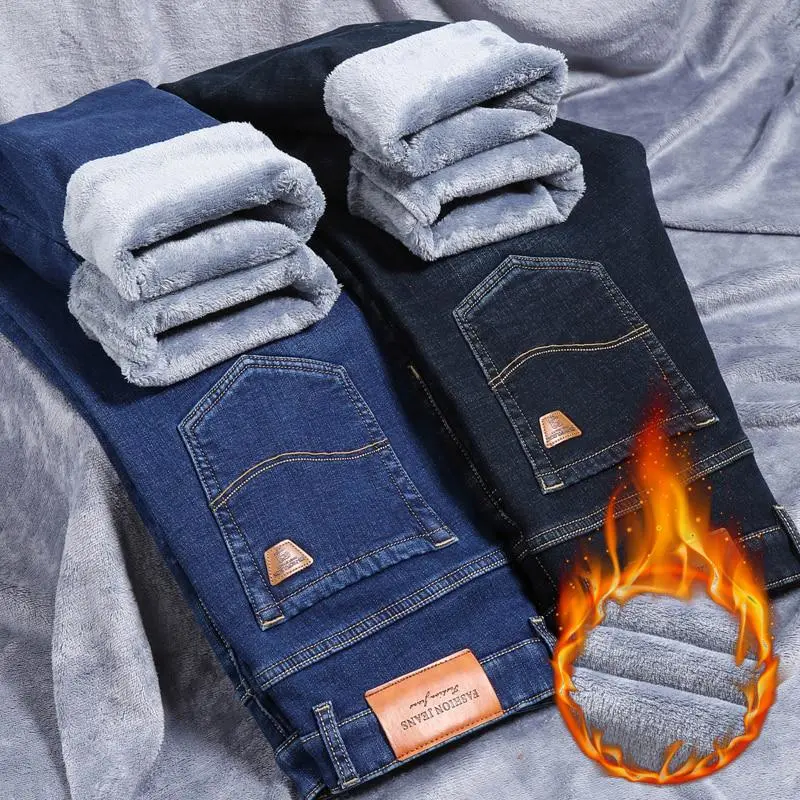 Winter Men 'S Fleece Black Blue Jeans Business Casual Warm Thicken Stretch Denim Trousers Male Brand Pants