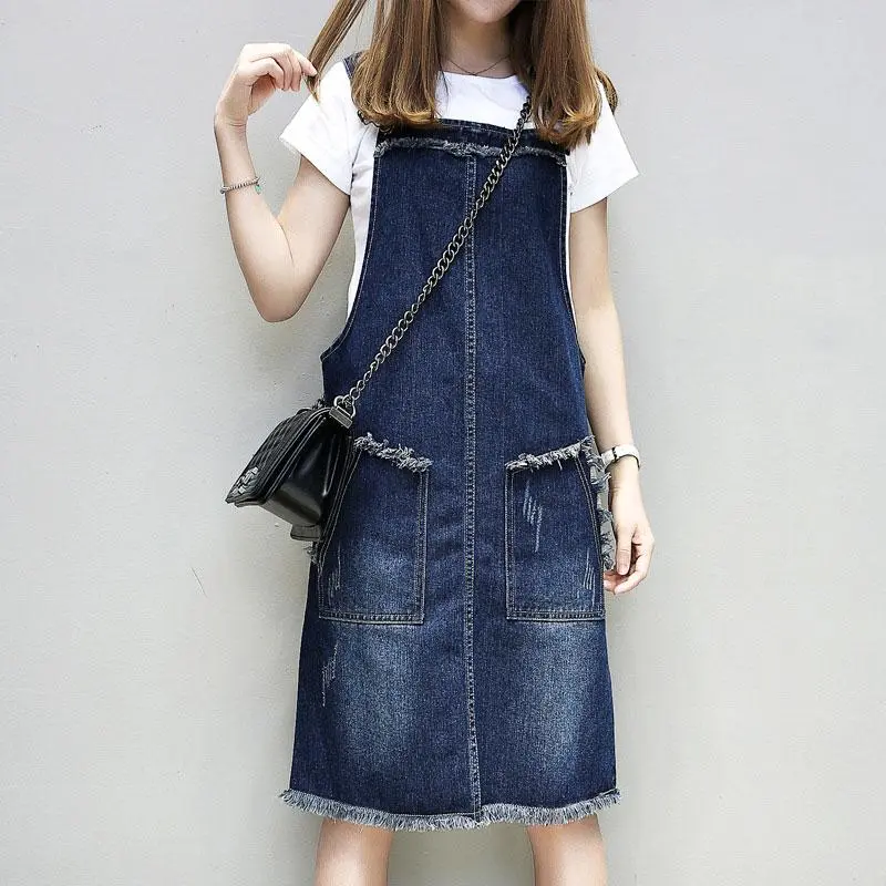 Loose Dress Plus-Size Dress Medium Long Strap Dress Pocket Sleeveless Fashion Denim Dress