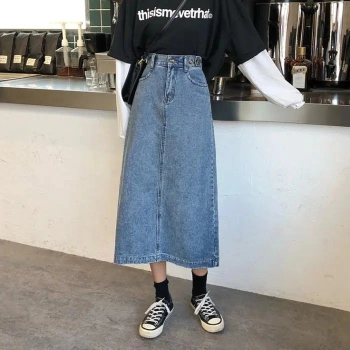 Retro Long Midi Denim Skirts Women High Waist Button Pockets Split Jeans Straight Skirts Plus Size Korean Summer 2023 Bottoms Blue Khaki Black Skirt