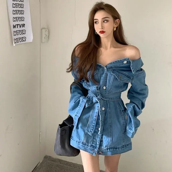 Retro Off-the-shoulder Short Denim Jacket Autumn New Single-breasted Straps Waist Cardigan Top Women's Fahion Coat