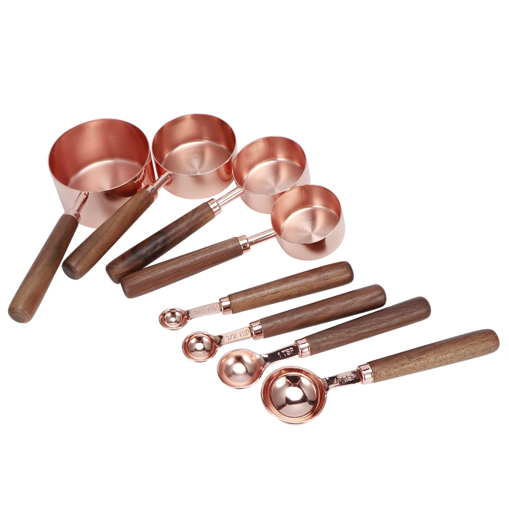 8Pcs Rose Gold Stainless Steel Measuring Spoon Set with Wood Handles Kitchen Baking Accessory