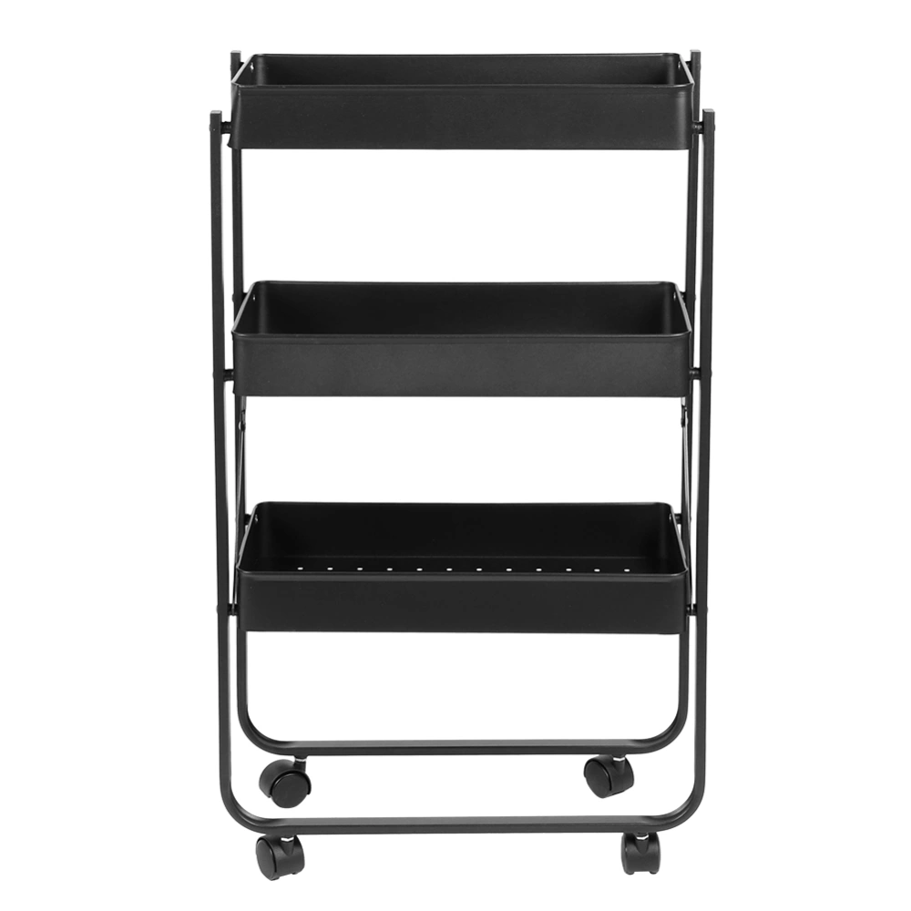 Black 3‑Tier Folding Storage Utility Cart Organizer with Wheels for Kitchen Living Room Office