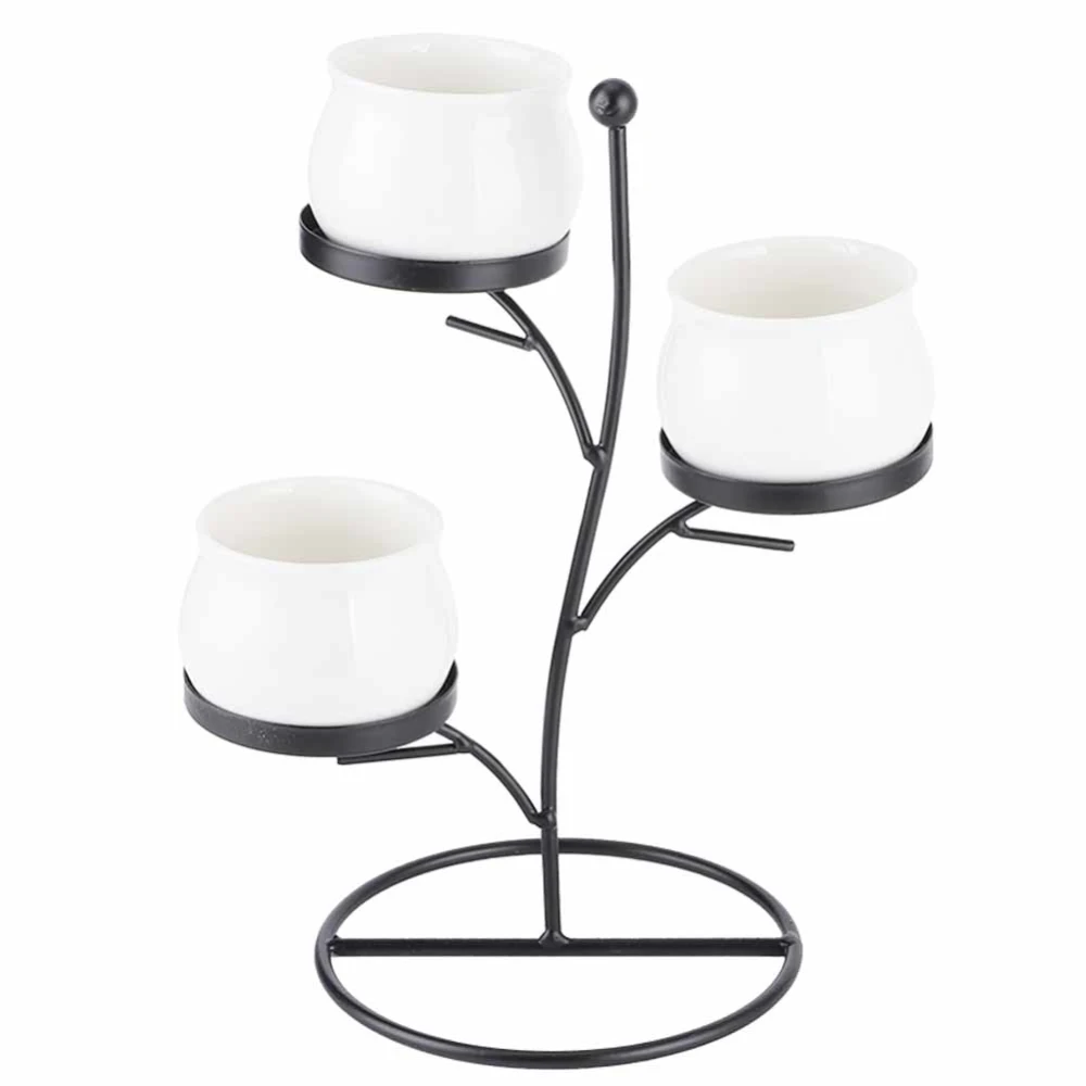 Beautiful Wrought Iron Branch Small Round Ceramic Flowerpot Combination Home DecorationRT016‑H White Basin + Black Rack