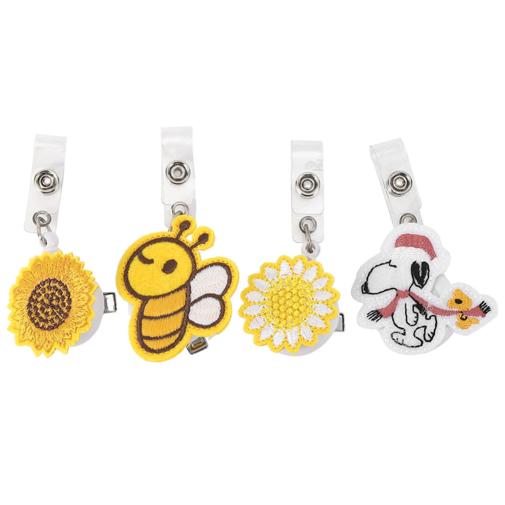 4Pcs Embroidery Cartoon Badge Reel ID Name Card Badge Holder Sealing Clip Gifts Home Office Supplies(Little Bee (1) Sunflower (1) Sunflower (2) Scarf Dog )