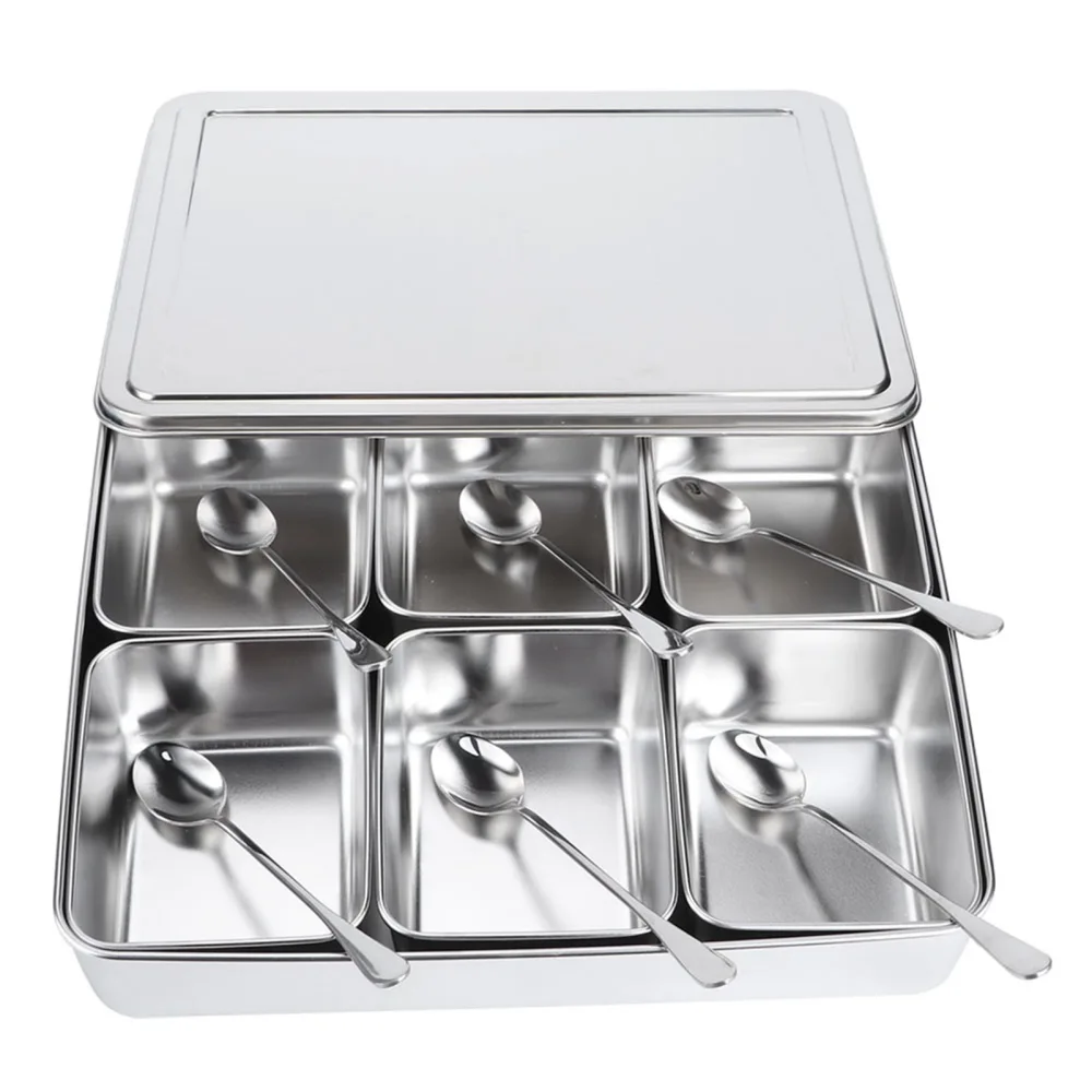 6‑Grid Stainless Steel Seasoning Box Jar Storage Container Set with Spoons Kitchen Utensils