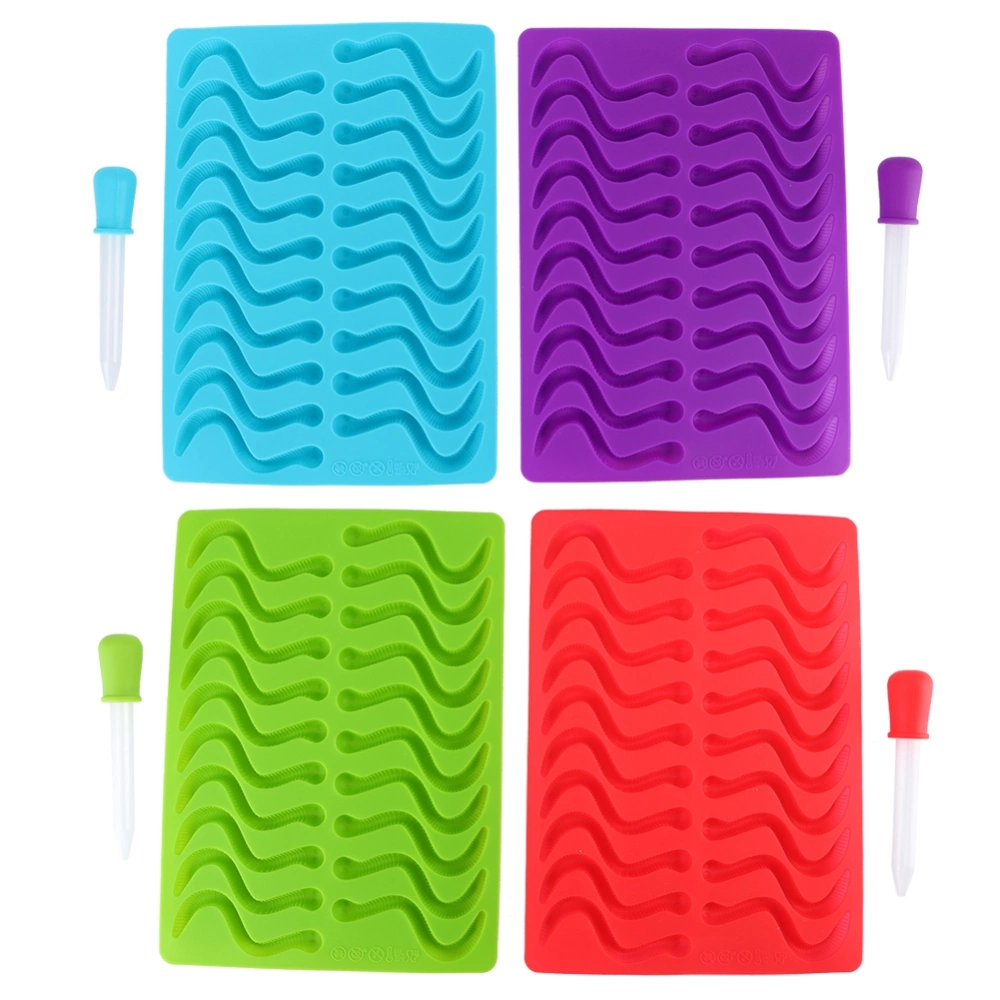 4Pcs Silicone Earthworm Shape Fondant Candy Mold with Dropper Baking Tool Red Blue Green Purple