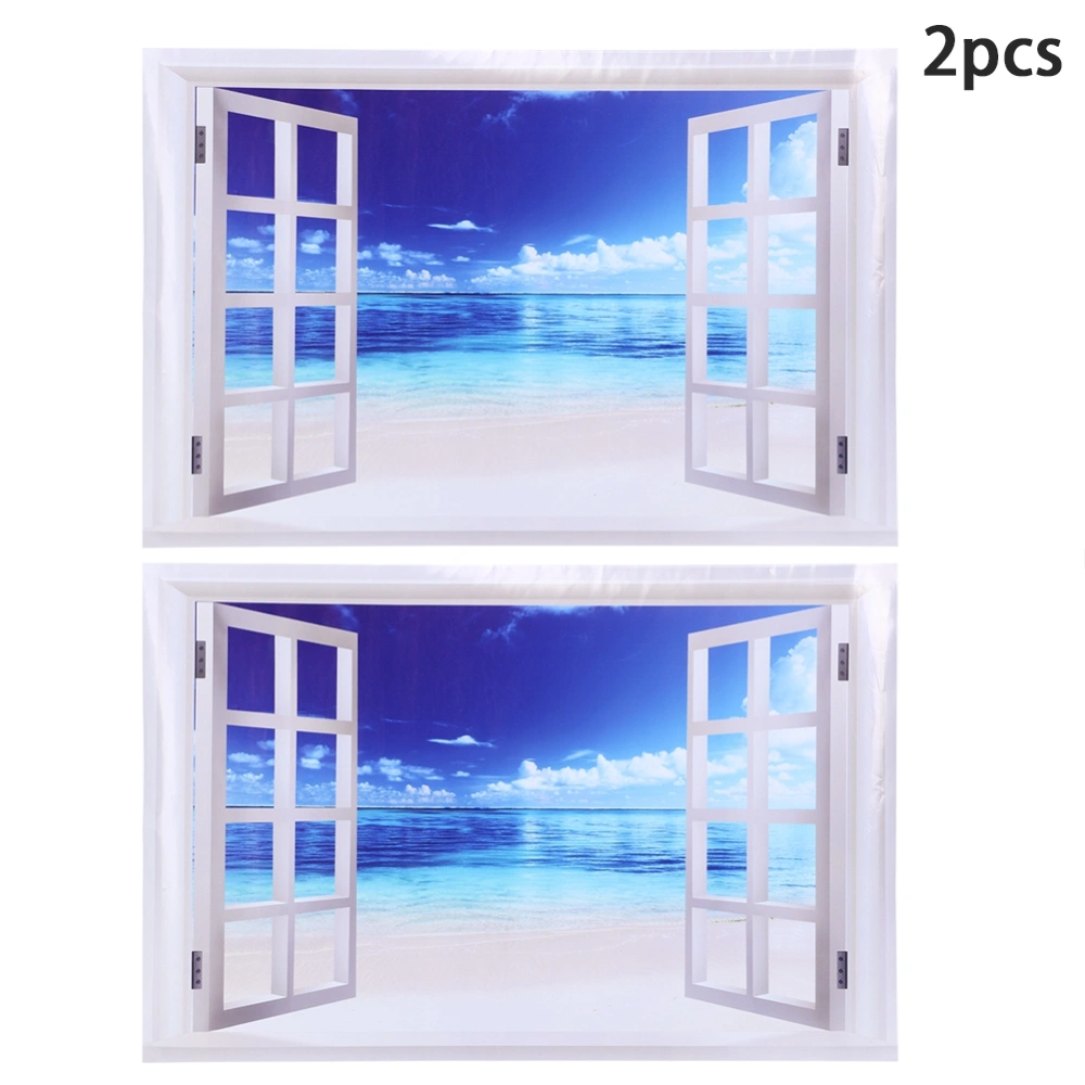 2Pcs Blue Seawater and Window Pattern Unique Wall Sticker Decal Decoration for Home Door Window