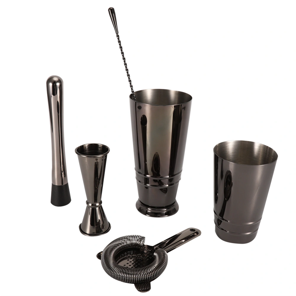 5Pcs/Set Black Stainless Steel Boston Cocktail Shaker Measuring Cup Strainer Mixing Spoon Set