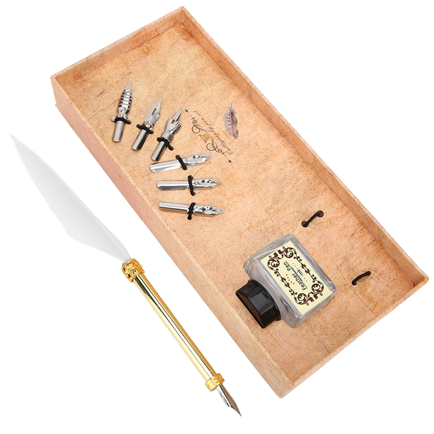 Vintage Simple Style Calligraphic Feather Pen Kit Student Pen Gift Box for Christmas BirthdayWhite