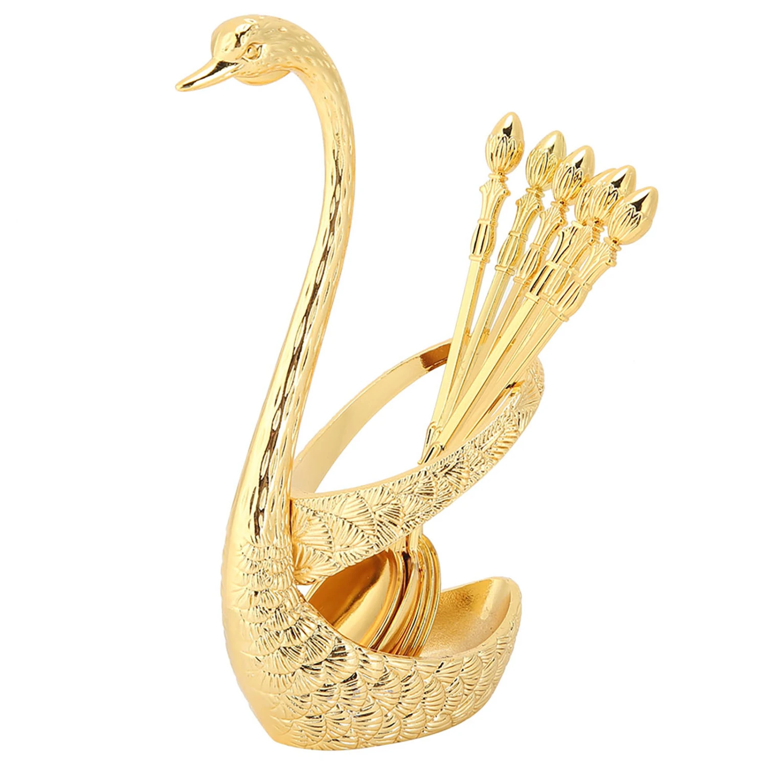Stainless Steel Spoon Tableware Kit with Zinc Alloy Swan Shape Holder Storage OrganizerGold