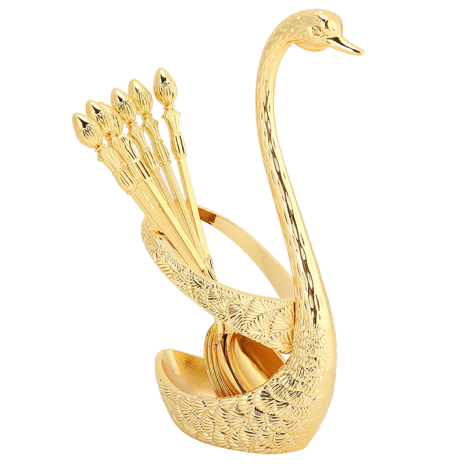 Stainless Steel Spoon Tableware Kit with Zinc Alloy Swan Shape Holder Storage OrganizerGold