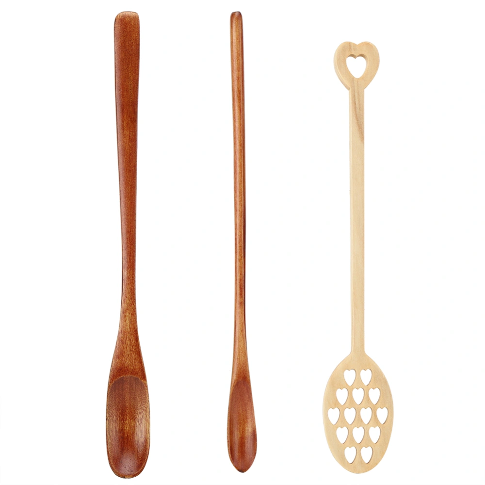 3Pcs Home Long Handle Wood Stirring Spoon Mixing Slotted Spoon for Coffee Milk Honey Use