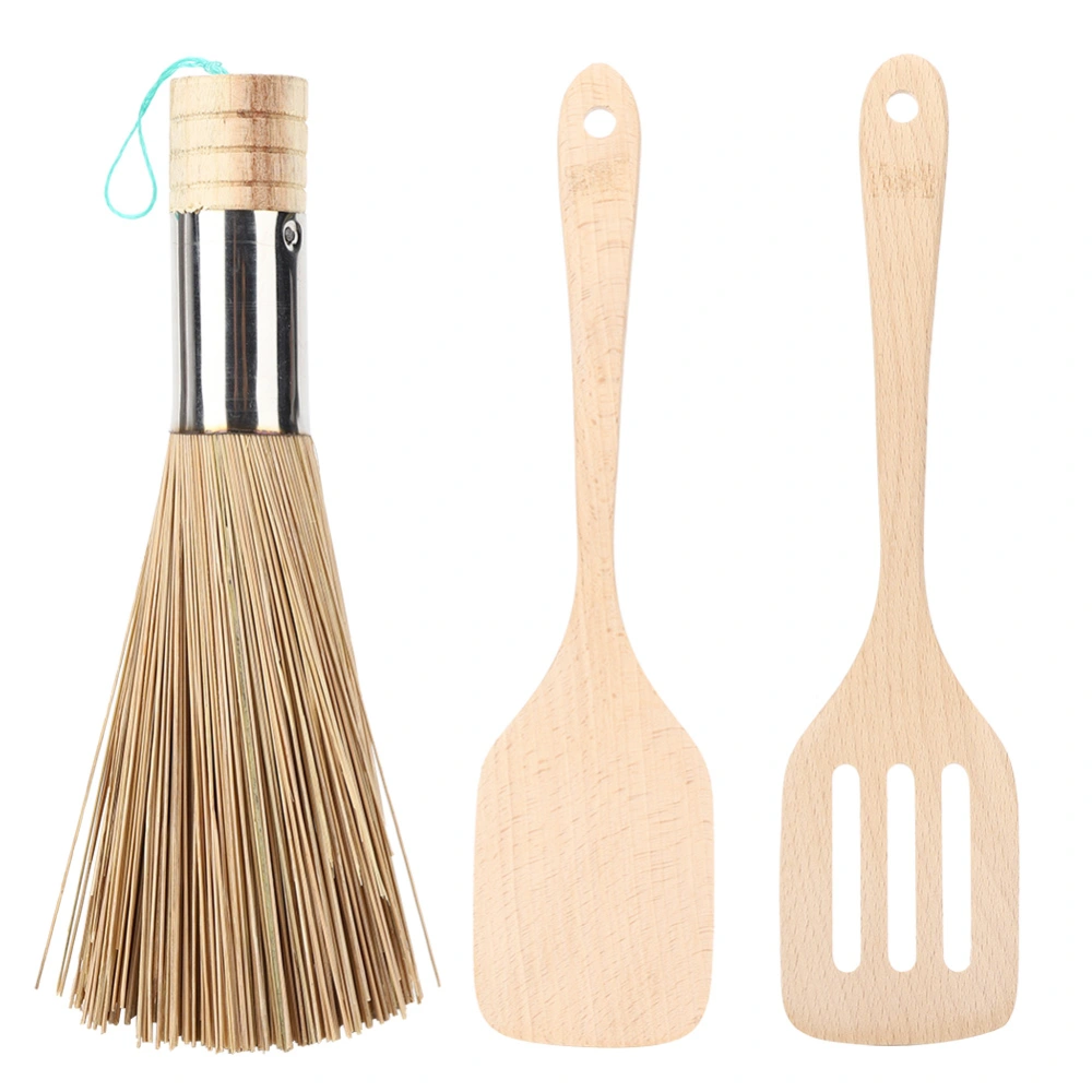 Environmentally Friendly Bamboo Non-Stick Pot Brush Wooden Spatula Kitchen Cooking Tool KitPot Brush + Slotted Spatula + Flat Spatula