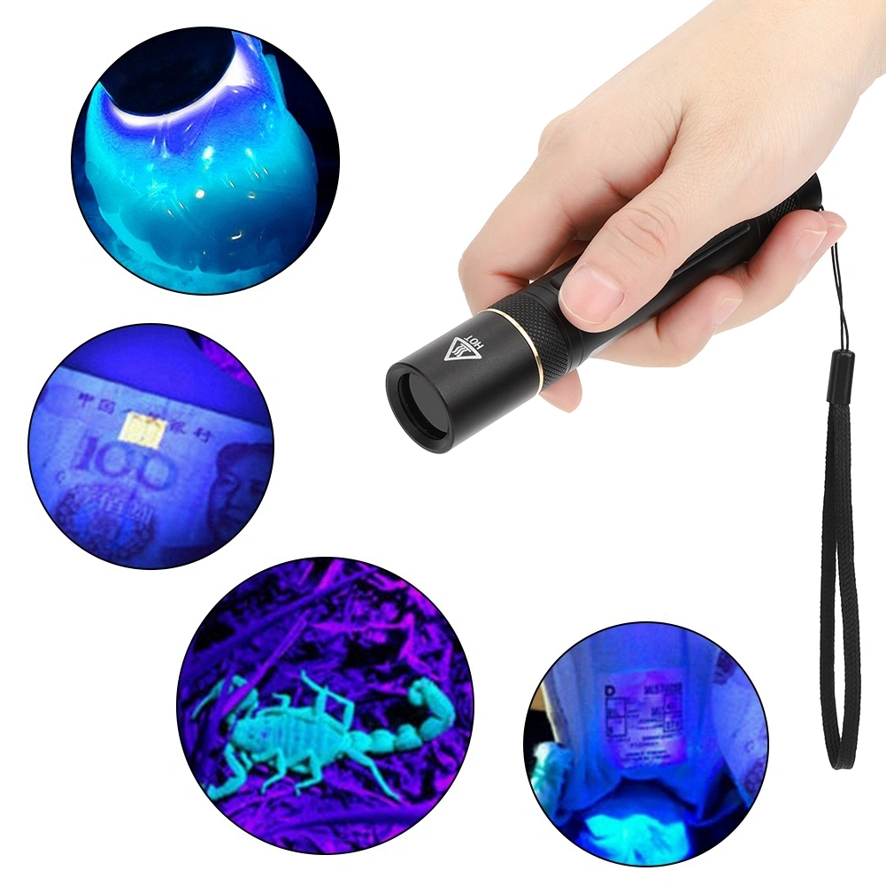 LED Flashlight Large Power 5W 360NM Ultraviolet Light Detection Fluorescer Currency Anti Counterfeiting(black )