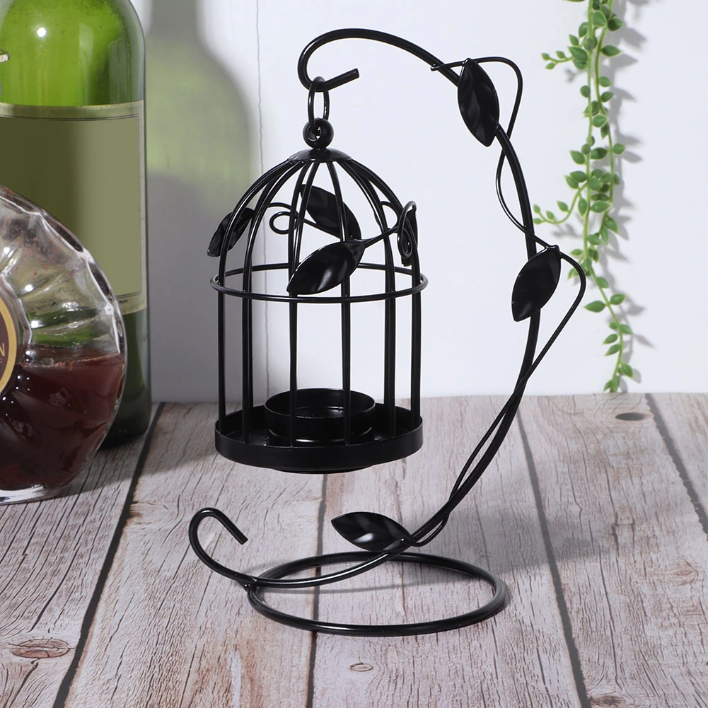 Innovative Iron Leaves Hollow out Cage Candle Holder Hanging Candlestick Household DecorationBlack