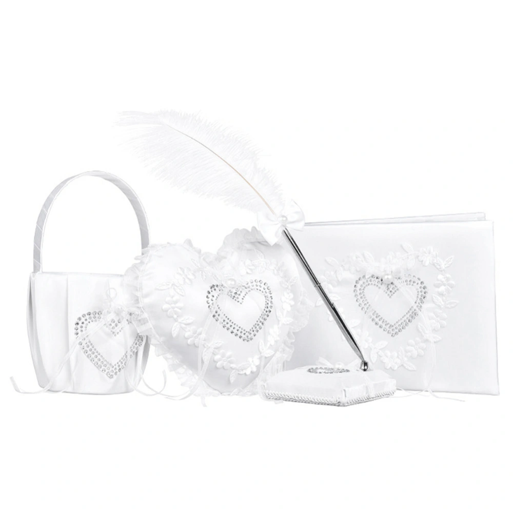 White Wedding Flower Basket Ring Pillow Guest Signature Book Pen Set Wedding Supplies