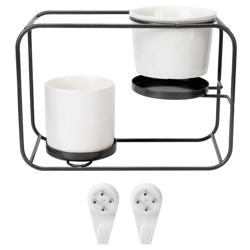 Wall Hanging Dual Ceramic Flower Pot with Iron Rack Holder Plant Display Set Home Decoration(White Flowerpot Black Rack )