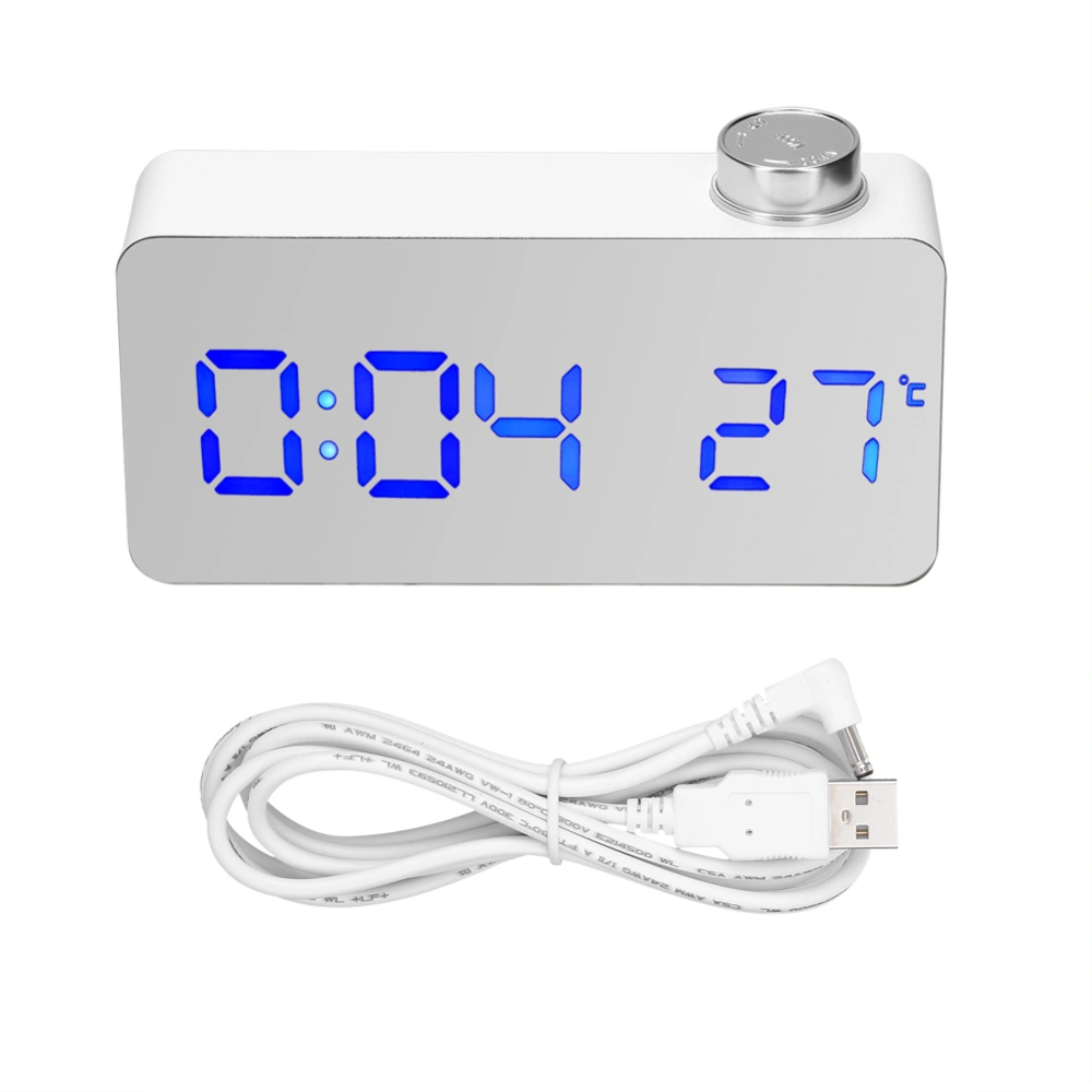 Mirror Surface Knob Stylish LED Light Electronic Alarm Clock Home Bedroom DecorationBlue Light