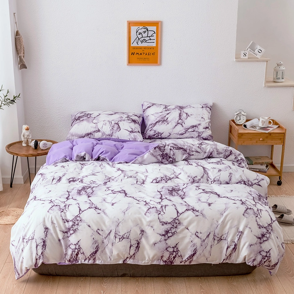 3Pcs Set Polyester Marbled Quilt Cover Pillowcase Bedding Set EU Double Size (Purple)