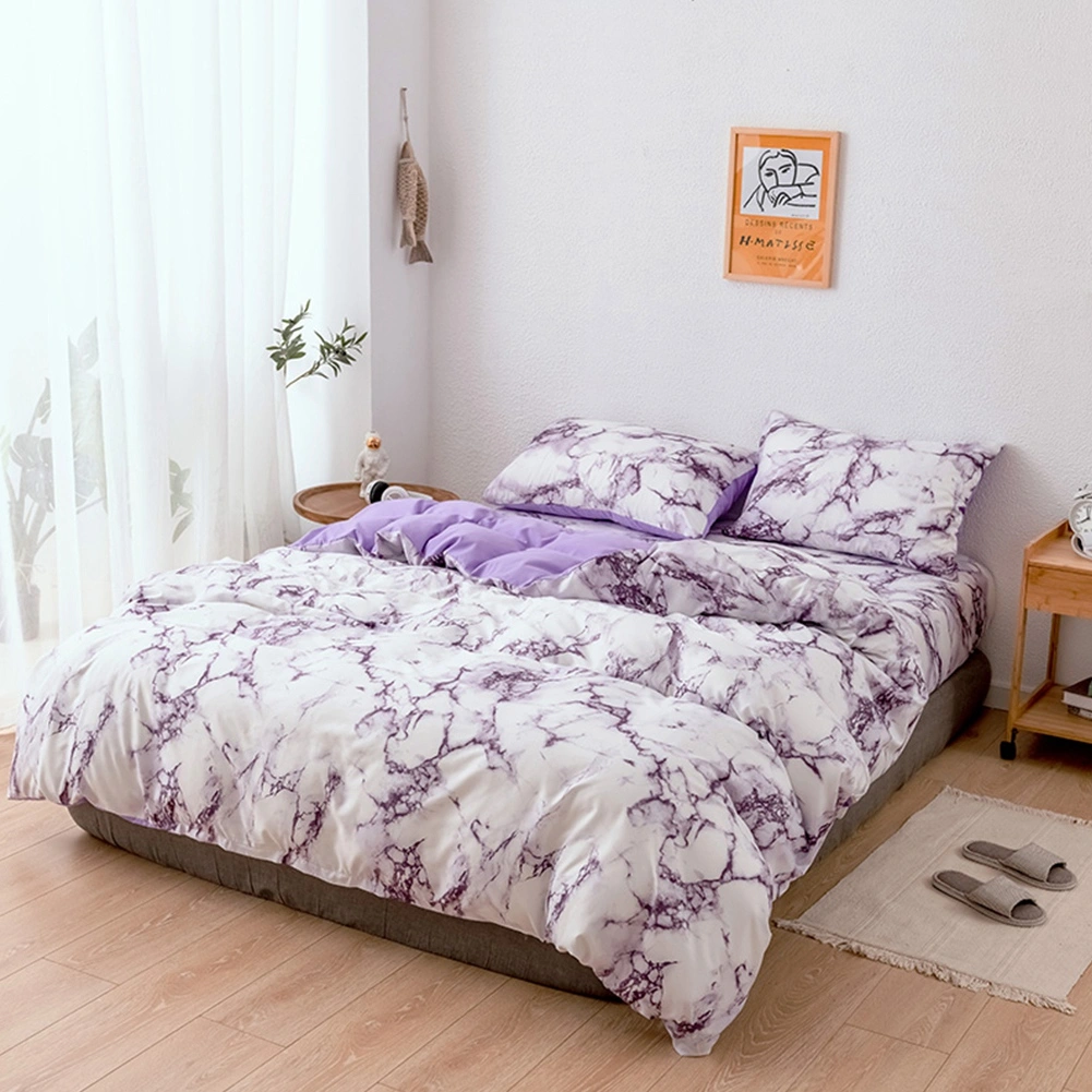 3Pcs Set Polyester Marbled Quilt Cover Pillowcase Bedding Set EU Double Size (Purple)